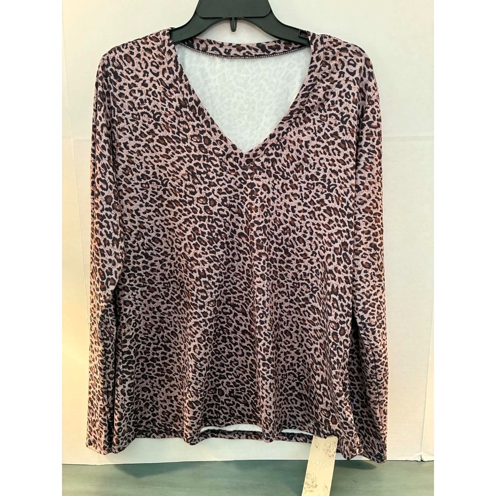 Emery Rose Womens XL Leopard Print V Neck Long Sleeve Top Blush Pink NWT